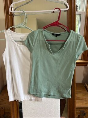 YMI Sage Green Ribbed V-Neck Tee Paired w/ Wonder Nation White Tank Top VG